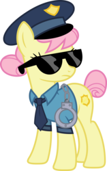 Size: 1024x1630 | Tagged: safe, artist:blah23z, color edit, edit, copper top, fluttershy, earth pony, pony, g4, colored, cuffs, earth pony fluttershy, female, guffs, hat, mare, necktie, police, police officer, police pony, police uniform, race swap, recolor, simple background, solo, sunglasses, transparent background