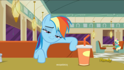 Size: 1600x900 | Tagged: safe, screencap, honey curls, mare e. lynn, rainbow dash, pony, g4, the saddle row review, booth, cafe, diner, discovery family logo, faic, lidded eyes, looking at you, rainbow dash is best facemaker, salt shaker, smirk, smug, squint, table