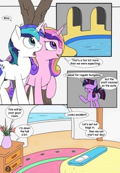 Size: 1115x1600 | Tagged: safe, artist:fearingfun, artist:redoxx, princess cadance, shining armor, twilight sparkle, pony, unicorn, comic:not so restful vacation, g4, casual nudity, comic, dark genitals, dialogue, explicit source, eyes closed, female, male, mare, nudity, open mouth, sheath, stallion, wingless