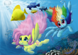 Size: 2000x1414 | Tagged: safe, artist:deathpwny, fluttershy, pinkie pie, rainbow dash, pony, g4, animal, underwater, water