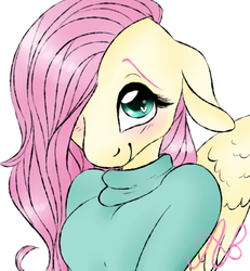 Size: 1280x1387 | Tagged: safe, artist:bubbleburst, fluttershy, anthro, g4, blushing, breasts, bust, clothes, female, smiling, solo, sweater, sweatershy
