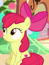 Size: 438x583 | Tagged: safe, screencap, apple bloom, earth pony, pony, g4, hearthbreakers, season 5, adorabloom, bow, cropped, cute, cutie mark, female, filly, hair bow, sitting, smiling, solo, the cmc's cutie marks