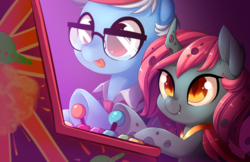 Size: 5100x3300 | Tagged: safe, artist:starshinebeast, oc, oc only, oc:classic, oc:glitch desire, changeling, earth pony, pony, absurd resolution, arcade, arcade game, changeling oc, colt, foal, gaming, glasses, male, pink changeling, stallion