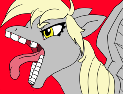 Size: 2048x1556 | Tagged: safe, artist:brainiac, derpy hooves, pegasus, pony, g4, angry, female, mare, physical vulgar, red background, simple background, solo, teeth, tongue out