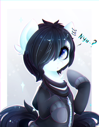 Size: 1850x2359 | Tagged: safe, artist:koveliana, oc, oc only, chromatic aberration, clothes, commission, cute, gloves, hair over one eye, hoodie, nya, pointing, question mark, raised hoof, sitting, solo