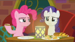 Size: 858x482 | Tagged: safe, screencap, pinkie pie, rarity, pony, g4, spice up your life, animated, discovery family logo, female, food, lip bite, loop, reversed, the tasty treat