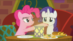 Size: 858x482 | Tagged: safe, screencap, pinkie pie, rarity, pony, g4, spice up your life, animated, discovery family logo, feeding, female, food, loop, the tasty treat