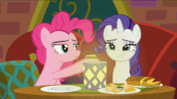Size: 858x482 | Tagged: safe, screencap, pinkie pie, rarity, pony, g4, spice up your life, discovery family logo, eating, food, gif, non-animated gif, the tasty treat