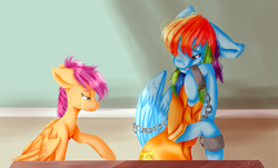 Size: 1024x619 | Tagged: safe, artist:loladotz, rainbow dash, scootaloo, g4, b-f16, bound wings, clothes, crying, cuffs, prison, prison outfit, prisoner rd, sad, shackles