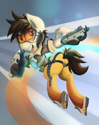 Size: 2980x3786 | Tagged: safe, artist:saxopi, pony, butt, clothes, crossover, gun, high res, overwatch, plot, ponified, solo, tracer, weapon
