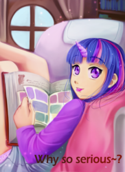 Size: 2125x2917 | Tagged: safe, artist:melisaongmiqin, twilight sparkle, human, g4, book, clothes, comic book, cute, female, frilly underwear, high res, horn, horned humanization, humanized, legs, looking at you, panties, pink underwear, silly, solo, starry underwear, the dark knight, tongue out, underwear, why so serious?
