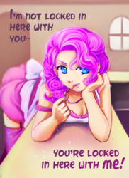 Size: 2550x3501 | Tagged: safe, artist:melisaongmiqin, pinkie pie, human, g4, apron, breasts, cleavage, clothes, dialogue, female, high res, humanized, key, looking at you, nail polish, solo, teasing, watchmen