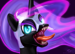 Size: 1883x1375 | Tagged: safe, artist:xbi, nightmare moon, pony, g4, awesome face, bust, drool, female, laughing, looking at you, maw, mawshot, open mouth, portrait, solo, tongue out, uvula