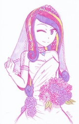 Size: 1793x2788 | Tagged: safe, artist:deeemperor, princess cadance, human, g4, clothes, dress, female, flower, humanized, smiling, solo, wedding dress, wink