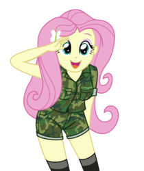 Size: 2012x2391 | Tagged: safe, artist:sumin6301, fluttershy, equestria girls, g4, breasts, clothes, cute, female, high res, military uniform, open mouth, salute, shorts, shyabetes, socks, solo