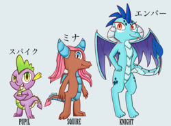 Size: 3480x2568 | Tagged: safe, artist:chiptunebrony, mina, princess ember, spike, dragon, g4, gauntlet of fire, idw, spoiler:comic, chart, class, dragoness, female, high res, japanese, katakana, male, text