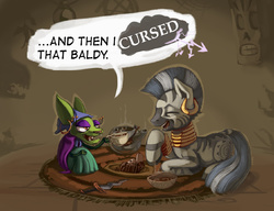 Size: 1223x937 | Tagged: safe, artist:lexx2dot0, zecora, chihuahua, zebra, g4, bowl, carpet, clothes, courage the cowardly dog, crossover, cup, dagger, dialogue, ear piercing, eyes closed, food, laughing, mask, open mouth, piercing, rug, shirley the medium, speech bubble, steam, tea, tea party, teacup, teapot, weapon, zecora's hut