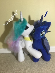 Size: 2448x3264 | Tagged: safe, princess celestia, princess luna, g4, build-a-bear, cute, exclamation point, high res, irl, photo, plushie, royal sisters, snuggling