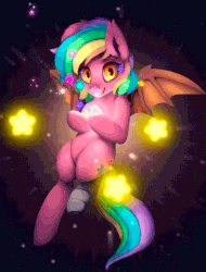 Size: 550x724 | Tagged: safe, artist:rodrigues404, oc, oc only, oc:paper stars, bat pony, pony, amputee, animated, bandage, both cutie marks, ear fluff, fangs, female, flying, looking at you, rainbow hair, simple background, smiling, solo, stars