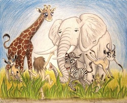 Size: 992x806 | Tagged: safe, artist:thefriendlyelephant, oc, oc only, oc:kekere, oc:mmiri, oc:obi, oc:salma, oc:zeka, antelope, dik dik, elephant, gazelle, giraffe, human, springbok, zebra, africa, animal in mlp form, barely pony related, censored butt, cloven hooves, commission, horns, long neck, plants, strategically covered, stripes, traditional art, tusk