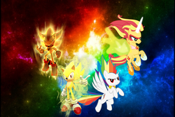Size: 900x600 | Tagged: safe, artist:trungtranhaitrung, rainbow dash, sunset shimmer, alicorn, pony, equestria girls, g4, alicornified, colored, crossover, daydream shimmer, male, race swap, shimmercorn, sonic the hedgehog, sonic the hedgehog (series), space, super rainbow dash, super shadow, super sonic
