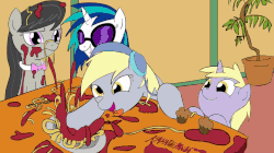 Size: 720x404 | Tagged: safe, artist:kanashiipanda, derpy hooves, dinky hooves, dj pon-3, octavia melody, vinyl scratch, pegasus, pony, g4, animated, derpstep, dinner, female, food, frame by frame, headphones, mare, nose in the air, not salmon, octavia is not amused, pasta, pounding, spaghetti, unamused, wat