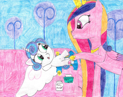 Size: 2160x1692 | Tagged: safe, artist:blazeheartpanther, princess cadance, princess flurry heart, alicorn, pony, g4, baby, baby powder, baby wipes, belly button, diaper, diaper change, featureless crotch, female, mother and daughter, traditional art