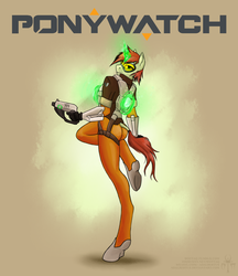 Size: 1024x1183 | Tagged: safe, artist:adalbertus, oc, oc only, oc:amber drop, unicorn, anthro, unguligrade anthro, crossover, overwatch, solo, tracer, tracer's butt pose