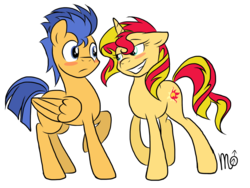 Size: 1024x768 | Tagged: safe, artist:siekit442, flash sentry, sunset shimmer, pegasus, pony, unicorn, g4, blushing, female, male, ship:flashimmer, shipping, smiling, straight