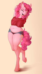 Size: 2000x3495 | Tagged: safe, artist:evehly, pinkie pie, anthro, unguligrade anthro, armpits, belly, belly button, big breasts, breasts, busty pinkie pie, chubby, clothes, cute, diapinkes, eyes closed, fat, female, high res, midriff, open mouth, raised leg, shirt, shorts, smiling, solo, stretching, unshorn fetlocks, wide hips