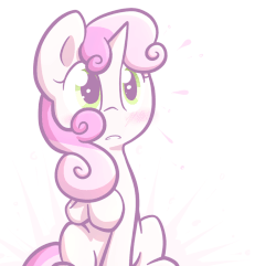 Size: 800x771 | Tagged: safe, artist:spikedmauler, sweetie belle, pony, unicorn, g4, animated, blushing, cute, dialogue, diasweetes, embarrassed, female, filly, giggling, go ask sweetie belle, i'm not cute, simple background, solo