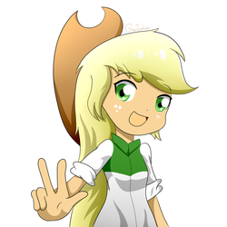 Size: 1600x1600 | Tagged: safe, artist:graytyphoon, applejack, equestria girls, g4, female, open mouth, peace sign, simple background, solo, white background