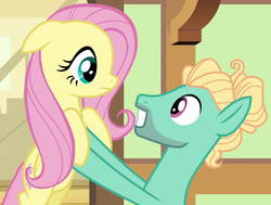 Size: 904x684 | Tagged: safe, screencap, fluttershy, zephyr breeze, pegasus, pony, flutter brutter, g4, brother and sister, female, floppy ears, holding a pony, male, mare, siblings, squee, stallion, teeth