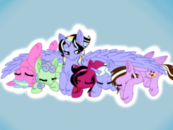 Size: 1280x960 | Tagged: safe, artist:shine flash, sugarcoat, oc, oc:candycloud, oc:crackercurl, oc:lunapup, oc:shine flash, g4, hug, sleeping, winghug