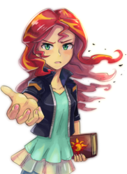 Size: 600x822 | Tagged: safe, artist:tzc, sunset shimmer, human, equestria girls, g4, book, female, journey book, looking at you, nail polish, open mouth, reaching, simple background, solo, white background
