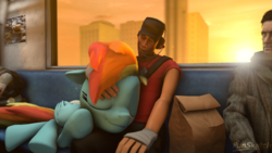 Size: 3840x2160 | Tagged: safe, artist:funsketch, rainbow dash, g4, 3d, alan wake, crossover, cute, high res, scout (tf2), sleeping, source filmmaker, sunset, team fortress 2, train