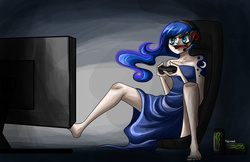 Size: 4661x3024 | Tagged: safe, artist:tao-mell, princess luna, human, gamer luna, g4, energy drink, feet, female, humanized, monster energy, nail polish, skinny, solo, thin