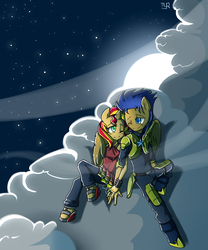 Size: 1500x1800 | Tagged: safe, artist:xonitum, flash sentry, sunset shimmer, human, anthro, unguligrade anthro, g4, ambiguous facial structure, armor, bracelet, cloud, cute, duo, female, holding hands, humanized, jewelry, male, moon, night, ring, sandals, ship:flashimmer, shipping, sitting, sky, smiling, straight, wink