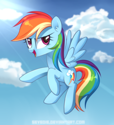 Size: 600x660 | Tagged: safe, artist:sevedie, rainbow dash, pegasus, pony, g4, backwards cutie mark, cloud, female, flying, mare, open mouth, smiling, solo