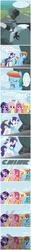Size: 820x6710 | Tagged: safe, artist:flash equestria photography, applejack, fluttershy, pinkie pie, rainbow dash, rarity, twilight sparkle, oc, oc:cottontail, oc:ink blot, oc:ivory, oc:prism wing, oc:sparkling cider, oc:stardust nova, earth pony, pegasus, pony, unicorn, ultimare universe, g4, alternate hairstyle, alternate universe, clothes, comic, female, mane six, pickaxe, rock, this will end in pain