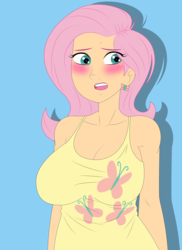 Size: 1400x1920 | Tagged: safe, artist:alcasar-reich, fluttershy, human, g4, blushing, breasts, busty fluttershy, cleavage, clothes, cutie mark, cutie mark on clothes, dress, female, humanized, solo