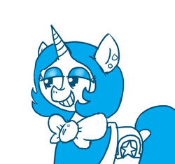 Size: 640x600 | Tagged: safe, artist:ficficponyfic, oc, oc only, oc:joyride, pony, unicorn, colt quest, adult, bowtie, clothes, cutie mark, ear piercing, eyeshadow, female, grin, horn, leggings, makeup, mantle, mare, monochrome, piercing, smiling, solo, story included, teeth