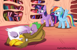 Size: 2308x1500 | Tagged: safe, artist:kingtoby19, gilda, rainbow dash, spike, twilight sparkle, alicorn, griffon, pony, g4, cuddling, cute, eyes closed, golden oaks library, prone, raised hoof, ship:spilda, sleeping, smiling, snuggling, spread wings, twilight sparkle (alicorn)