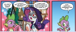 Size: 1200x506 | Tagged: safe, artist:tony fleecs, idw, official comic, rarity, spike, dragon, pony, g4, ponies of dark water, spoiler:comic, spoiler:comic43, cloak, clothes, comic, cropped, doctor doom, doctor doomity, duo, evil, female, hood, iron mask, male, mare, mask, robe, speech bubble