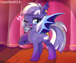 Size: 1024x854 | Tagged: safe, artist:spookyle, oc, oc only, oc:sweet lullaby, bat pony, pony, female, mare, microphone, obtrusive watermark, solo, stage, watermark