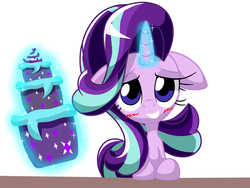 Size: 1600x1200 | Tagged: safe, artist:lovehtf421, starlight glimmer, g4, blushing, cake, female, floppy ears, food, solo