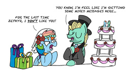 Size: 2150x1252 | Tagged: safe, artist:bobthedalek, rainbow dash, zephyr breeze, pegasus, pony, flutter brutter, g4, blatant lies, clothes, dialogue, eyes closed, female, grammar error, hat, male, mare, marriage, open mouth, present, ship:zephdash, shipping, simple background, stallion, straight, suit, top hat, tsunderainbow, tsundere, wedding, wedding cake, wedding veil, white background