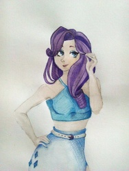 Size: 720x960 | Tagged: safe, artist:agathablack212, rarity, human, g4, belt, clothes, female, humanized, midriff, skirt, solo, top, traditional art