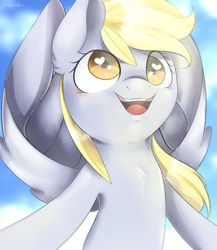 Size: 800x920 | Tagged: safe, artist:okaces, derpy hooves, pegasus, pony, g4, chest fluff, ear fluff, female, flying, happy, heart eyes, mare, sky, smiling, solo, wingding eyes