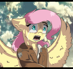 Size: 898x850 | Tagged: safe, artist:aliceub, fluttershy, g4, attack on titan, clothes, crossover, crying, female, floppy ears, jacket, shirt, solo